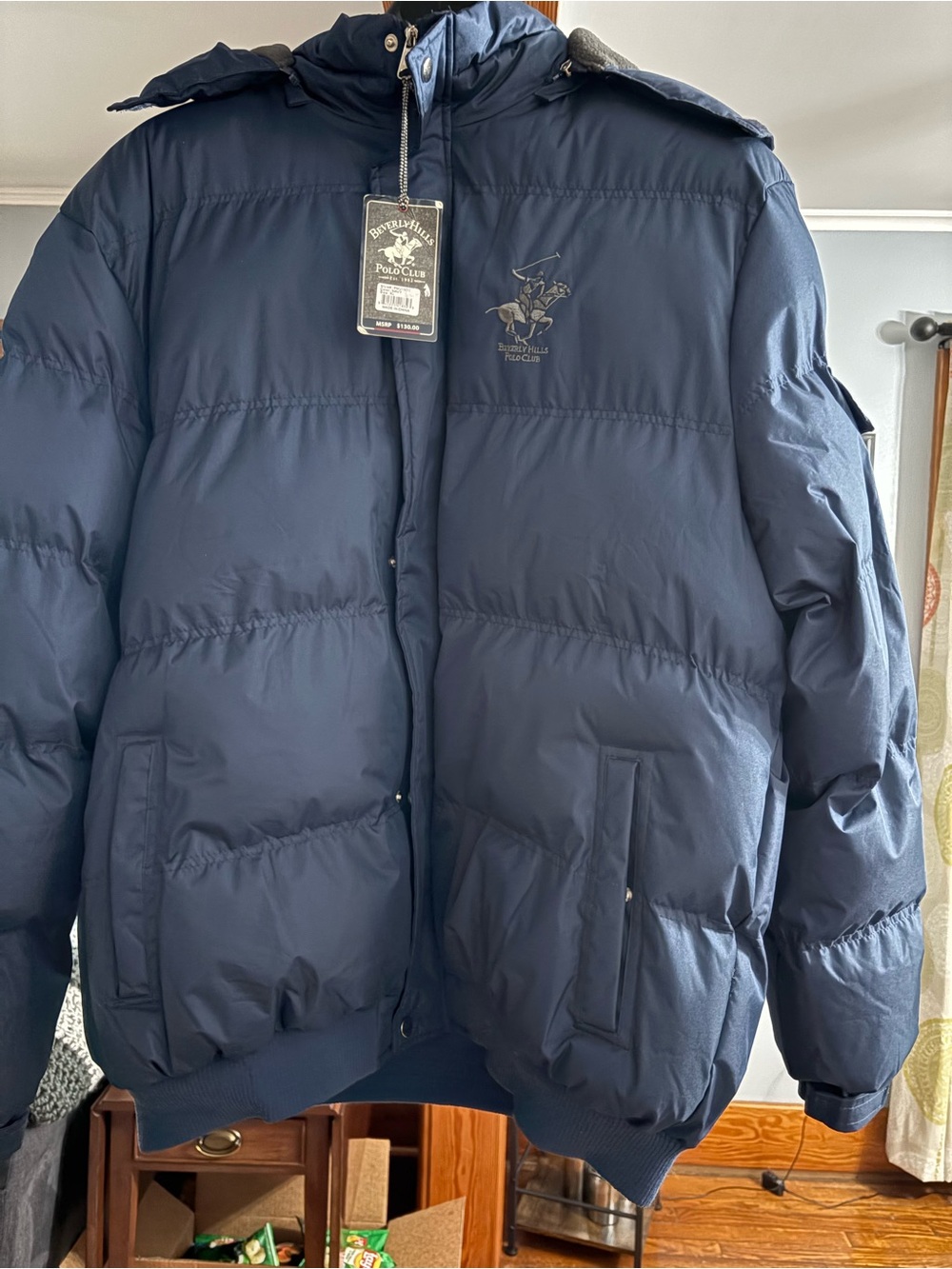 Beverly Hills Polo Club Men's Navy Quilted Puffer Jacket with Hood